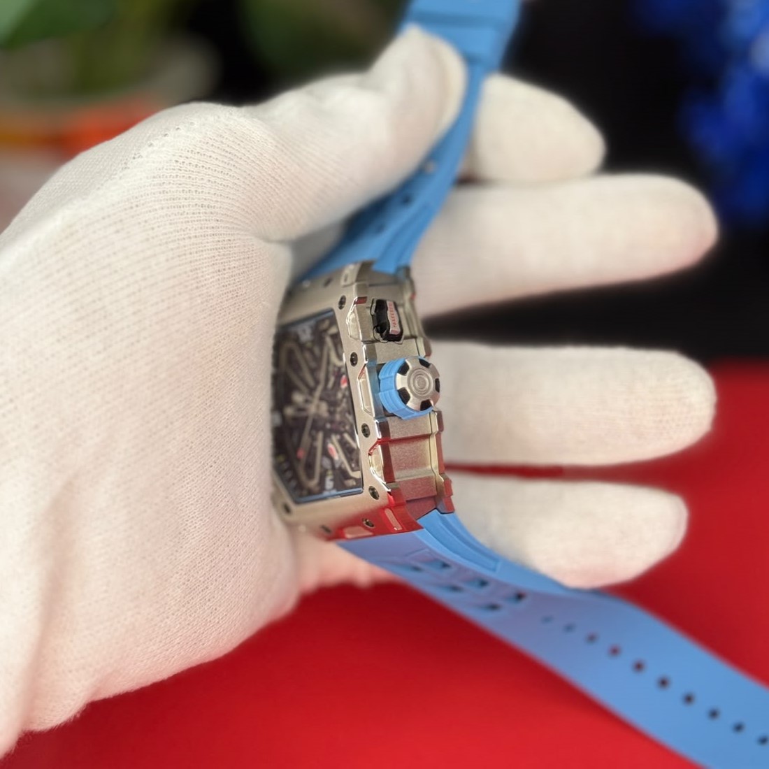 Tonneau shape skeleton sports watch side angle