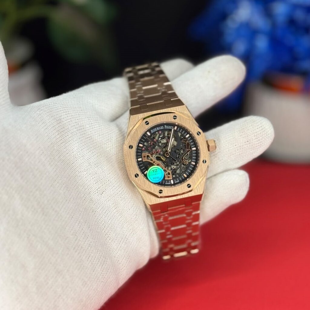 Skeleton dial automatic watch Pakistan double gold front view