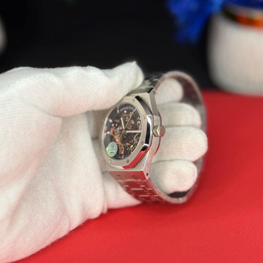Openwork silver skeleton watch side angle