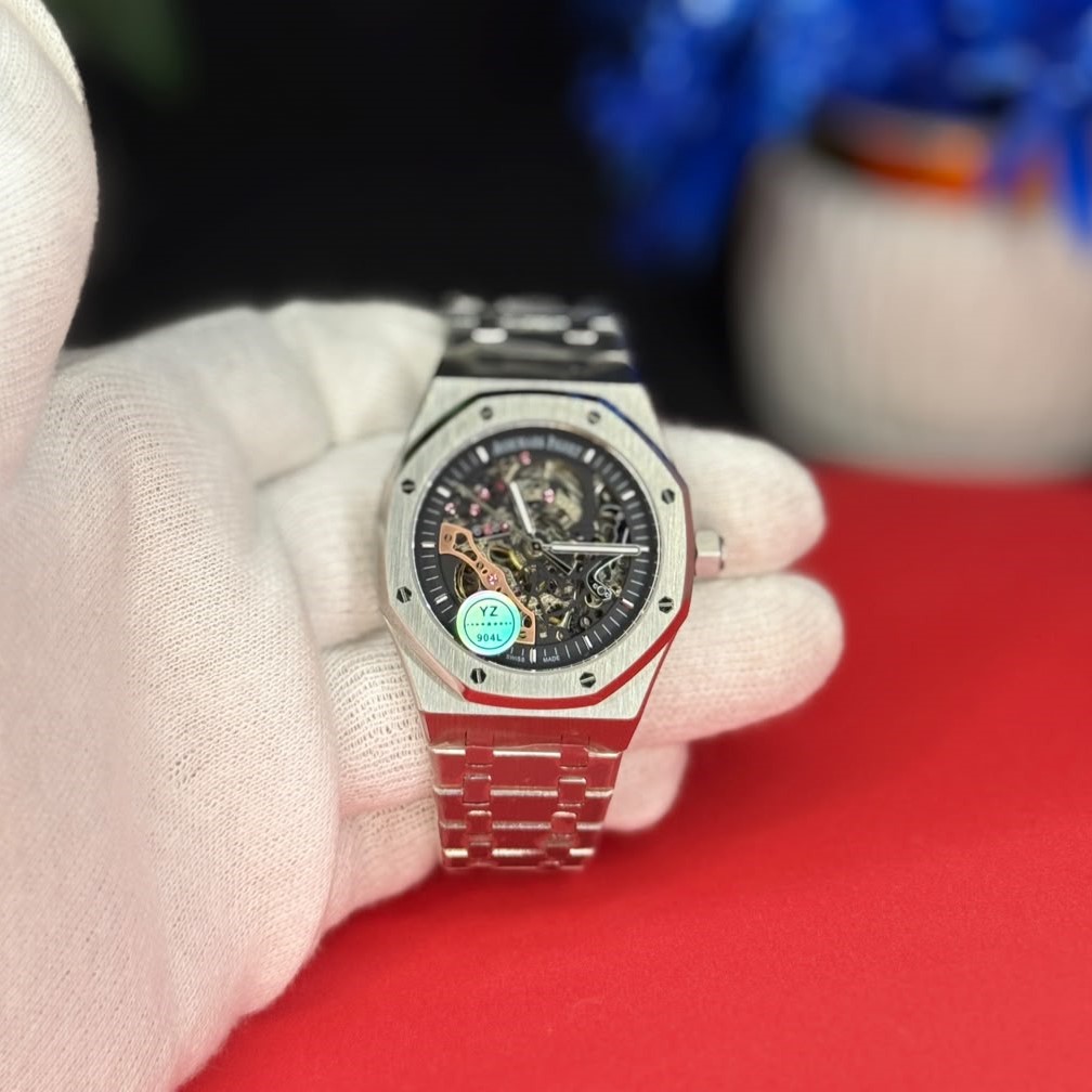 Silver skeleton watch Pakistan stainless steel front view