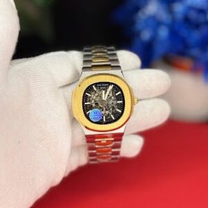AAA skeleton watch Pakistan stainless steel front view Openwork skeleton watch integrated bracelet side angle AAA skeleton watch Pakistan case back movement view AAA skeleton watch with packaging box