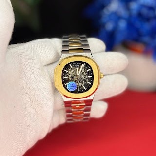 AAA skeleton watch Pakistan stainless steel front view Openwork skeleton watch integrated bracelet side angle AAA skeleton watch Pakistan case back movement view AAA skeleton watch with packaging box