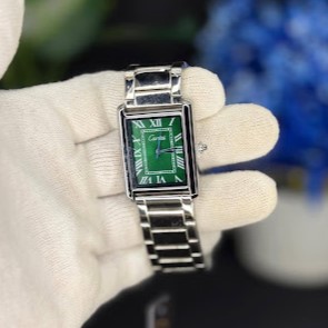 Steel bracelet dress watch Pakistan green bracelet front view Green bracelet rectangular watch side angle Steel bracelet dress watch Pakistan clasp closeup Steel bracelet dress watch with packaging box