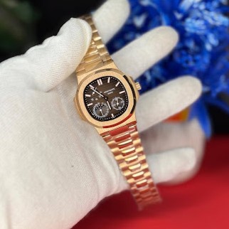 Rose gold moonphase watch Pakistan asymmetric dial front view Rose gold moonphase watch side angle Rose gold moonphase watch Pakistan dial closeup Rose gold moonphase watch with packaging box
