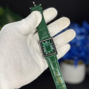Rectangular dress watch Pakistan green alligator strap front view Green alligator strap dress watch side angle Rectangular dress watch Pakistan strap texture closeup Rectangular dress watch with packaging box