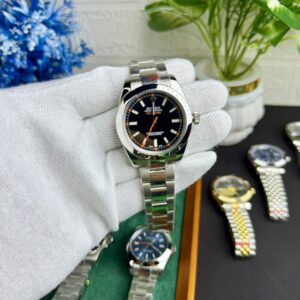 Rolex Milgauss Style Black Dial Luxury Watch – Orange Accents & Stainless Steel Bracelet