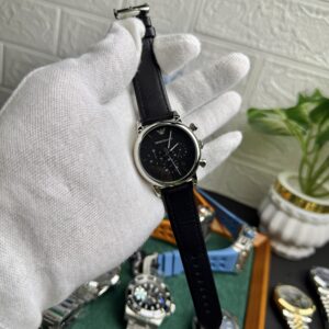 Emporio Armani Style Chronograph Watch – Black Dial with Black Leather Strap