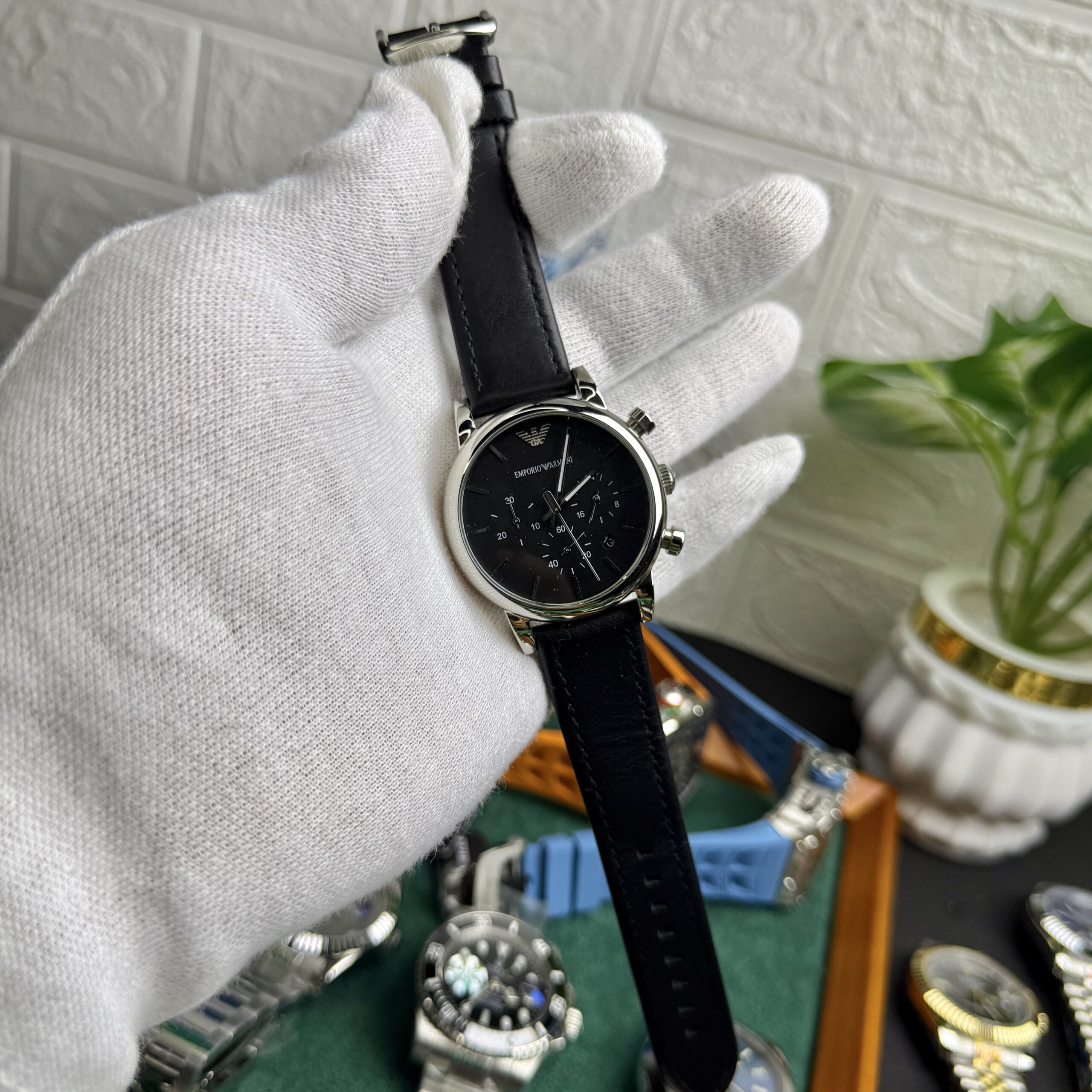 Emporio Armani Style Chronograph Watch – Black Dial with Black Leather Strap
